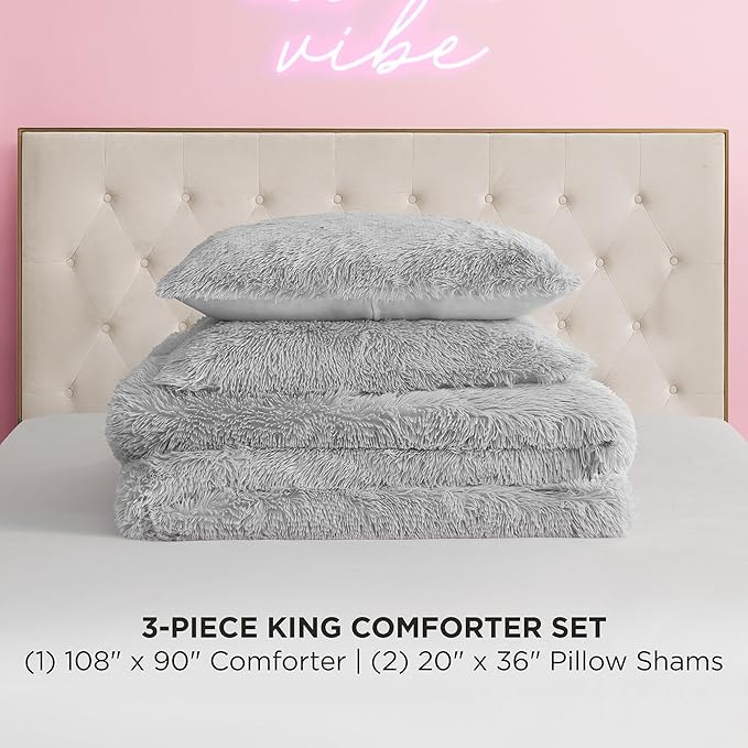 Juicy Couture Shaggy Faux Fur Grey King Comforter Set - Soft and Cozy 3-Piece Machine Washable Bedding Comforter and Sham Set