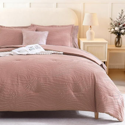 Geniospin King Size Comforter Set - 7 Pieces Dusty Pink Bedding Set, Botanical Textured Comforter Bed Set, All Season Lightweight Bed in a Bag with Comforter, Sheets, Pillowcases & Shams