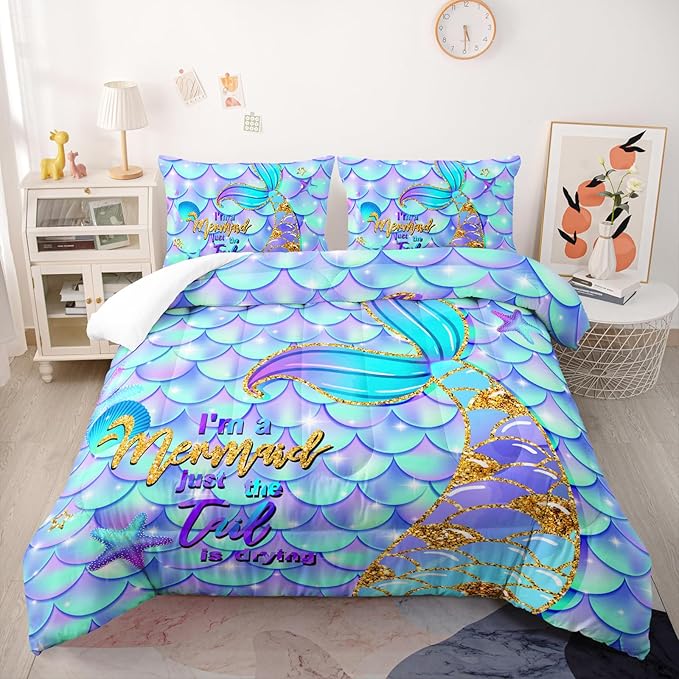 Blue Mermaid Tail Comforter Sets Twin Size，Bedding Sets for Kids,Blue Starfish Comforter Sets All Season 1 Comforter and 2 Pillowcases