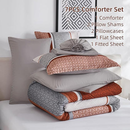 WONGS BEDDING 7 Pieces Comforter Set Queen Size, Burnt Orange Striped Bed in a Bag Comforter and Sheet Set, Boho Soft Lightweight Micorfiber Bedding Set for All Season (90"×90")