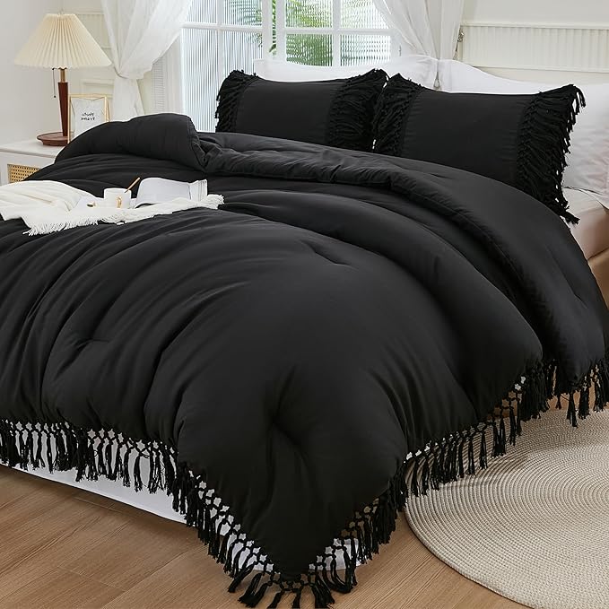 Andency Black Comforter Set California King, 3 Pieces Boho Tassel Lightweight Soft Bedding Comforter Sets for King Bed, All Season Fluffy Fringe Bed Set (104x96In Comforter & 2 Pillowcases)