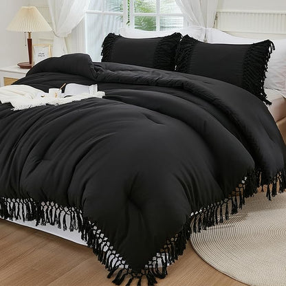 Andency Black Full Size Comforter Set, 3 Pieces Boho Tassel Lightweight Soft Bedding Comforter Sets, All Season Fluffy Fringe Bed Set (79x90In Comforter & 2 Pillowcases)