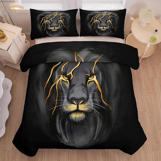 Tailor Shop Lion Bedding Set Twin Size for Kids, Teens, Boys - Lightning Lion Comforter With Pillowcase, Grey Black Animal Design for Young Man Room Decoration