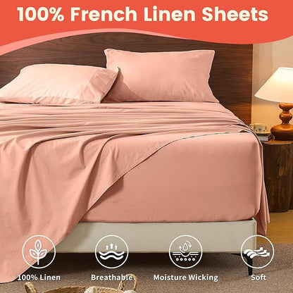 100% Linen Sheet Set King Size Extra Deep Pocket Fits 18-24 Inch Mattress, Breathable & Soft, Smooth 4-Piece Set for Thick Mattresses Hotel Luxury Bedding（King, Light Red）