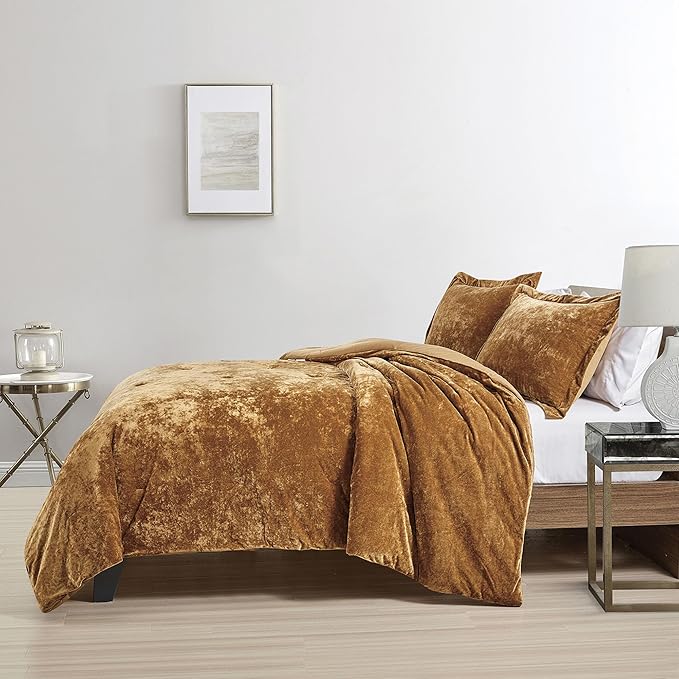 Luxury Velvet Queen Size Comforter Set, 3 Pieces Reversible Brushed Solid Microfiber Back, All Season Cozy, Soft, Warm(Caramel Gold,90x90 in)
