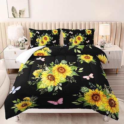 Black 3 Piece Sunflower Comforter Sets Twin Size, Farmhouse Floral Bedding Set for Girls Boys Adults,3 Piece Bed in A Bag, Ultra Soft Microfiber All Season Yellow Flower Bedding Set
