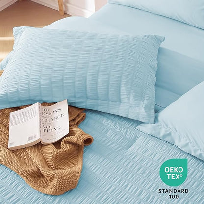 MUXHOMO 7 Pieces Full Comforter Set, Seersucker Bed in a Bag Full Size, All Season Luxury Bedding Set with Comforter, Flat Sheet, Fitted Sheet, Pillowcases & Shams, Lake Blue