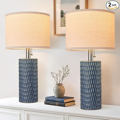 20.5" Modern Ceramic Table Lamps for Bedroom Set of 2, Bedside Lamps for Night Stands with Beige Lampshade, Farmhouse Table Lamp for Living Room Office Dorm, Blue