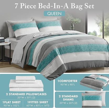 Madison Park Essentials Queen Comforter Set, Bed in A Bag Comforter & Sheet Set, Modern Casual Stripes Print, All Seasons, Soft Microfiber Bedding Makeover, Matching Shams, Queen Aqua/Grey 7 Piece