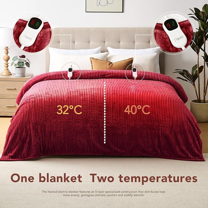Homemate Electric Heated Blanket Queen Size - 84"x90" Heating Blanket Queen Size Dual Control 1/2/4/6/8 Hours Auto-Off 10 Heat Level Over-Heat Protection Soft Flannel Sherpa ETL Certification
