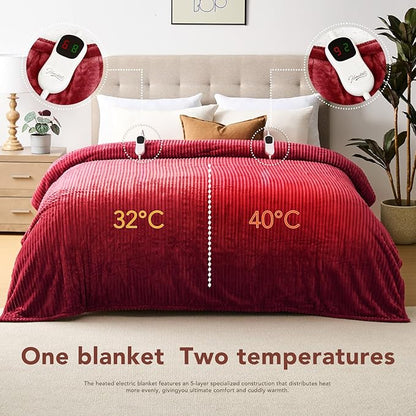 Homemate Electric Heated Blanket Queen Size - 84"x90" Heating Blanket Queen Size Dual Control 1/2/4/6/8 Hours Auto-Off 10 Heat Level Over-Heat Protection Soft Flannel Sherpa ETL Certification