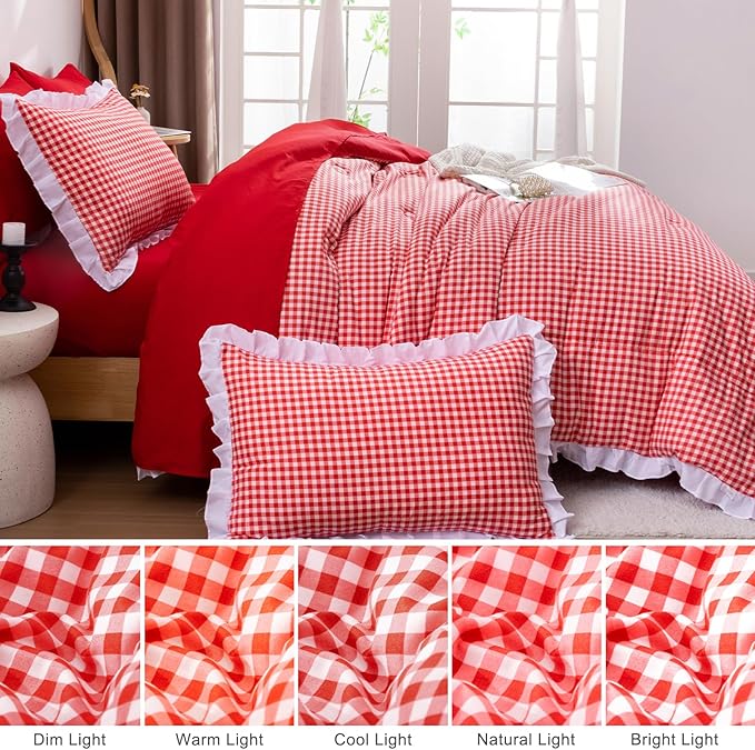 A Nice Night 5 Pieces Lightweight Soft Rustic Red Ruffle Comforter, Plaid Checkered Chic Bedding Comforter Set for Queen Bed