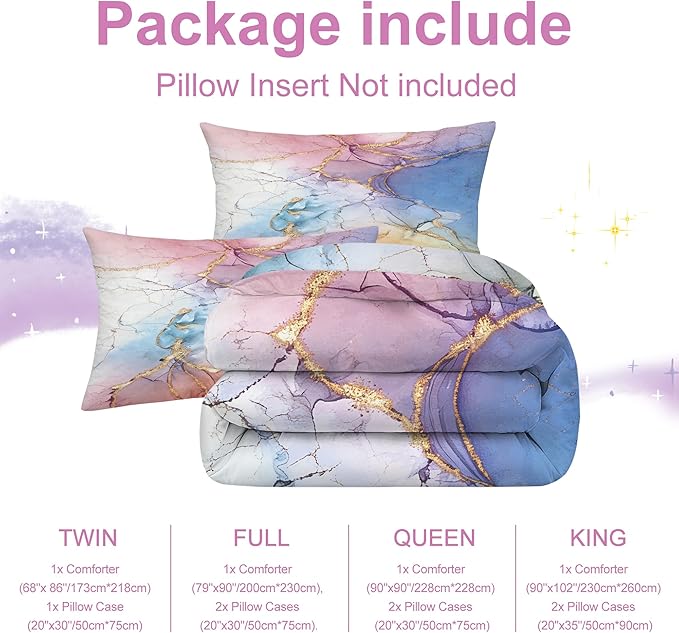 Watercolor Marble Comforter Set Queen Size for Kids Girls Women Pastel Marbled Bedding Set Pink Blue Yellow Gold Bed Set Colorful Abstract Marbling Quilt Set with 1 Comforter + 2 Pillowcases