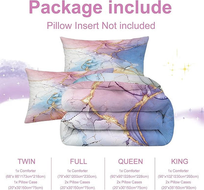 Watercolor Marble Comforter Set Queen Size for Kids Girls Women Pastel Marbled Bedding Set Pink Blue Yellow Gold Bed Set Colorful Abstract Marbling Quilt Set with 1 Comforter + 2 Pillowcases