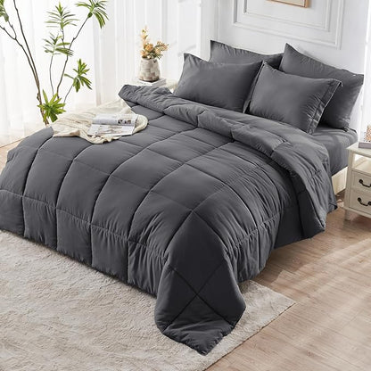 JOLLYVOGUE California King Comforter Set, Ultra-Soft Bed in a Bag Cal King Size 7 Pieces, Oeko-TEX Certified Bedding Set with Down Alternative Comforter, Sheets, Pillowcases & Shams, Dark Grey