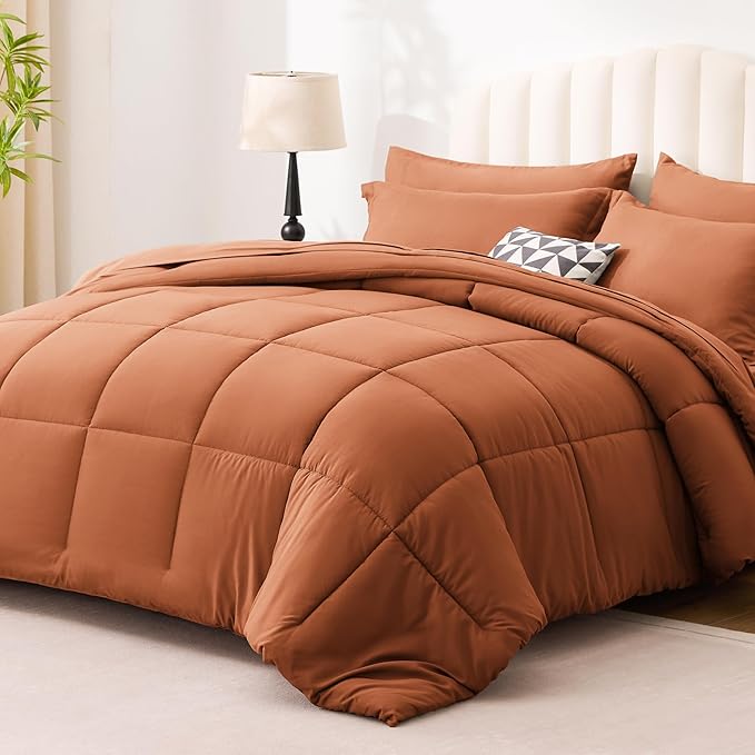 Love's cabin Twin XL Comforter Set Burnt Orange, 5 Pieces Twin XL Bed in a Bag, All Season Bedding Sets with 1 Comforter, 1 Flat Sheet, 1 Fitted Sheet, 1 Pillowcase and 1 Pillow Sham