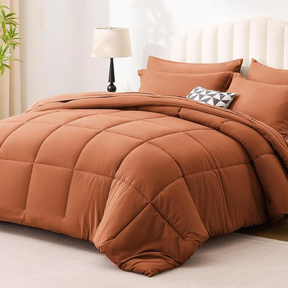 Love's cabin California King Comforter Set Burnt Orange, 7 Pieces California King Bed in a Bag, All Season Bedding Sets with 1 Comforter, 1 Flat Sheet, 1 Fitted Sheet, 2 Pillowcase and 2 Pillow Sham
