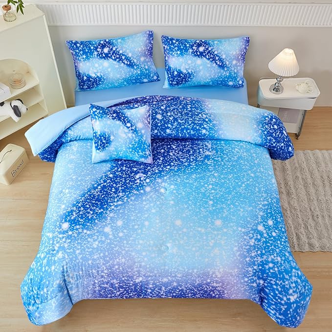 PERFEMET Queen Comforter Set with Sheets 6 Pieces Girls Bedding Set Fluffy Bed in A Bag for Girl Bedroom Colorful Rainbow Glitter Bed Sets for Kids Teens Girls (Blue, Queen)