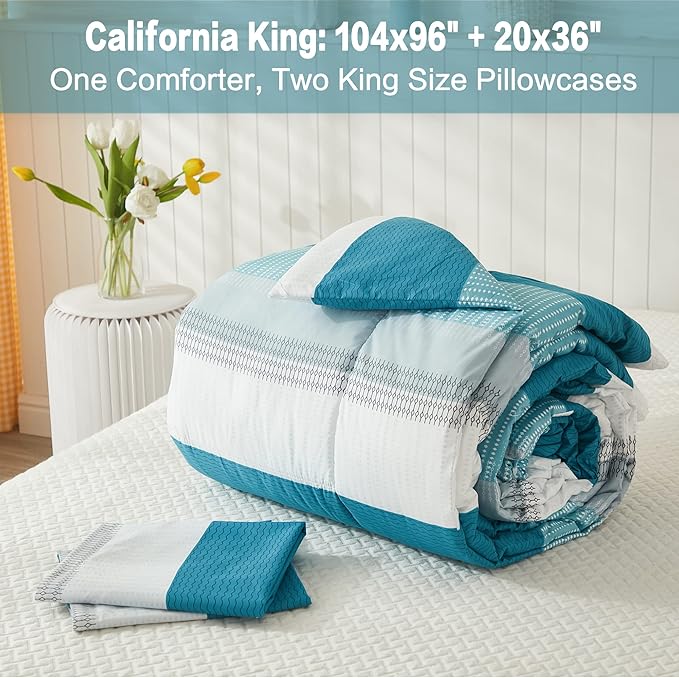 Litanika Teal California King Comforter Set - 3 Pieces Turquoise Cal King Oversized Lightweight Summer Colorblock Stripe Bedding Set (104x96In, 2 Pillowcases)