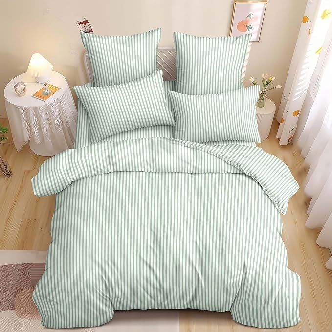 Nayoroom Green Striped Comforter Set Queen Size White Stripe Comforter 3 Pieces Girls Soft Lightweight Pinstripe Dorm Bedding Set for All Seasons