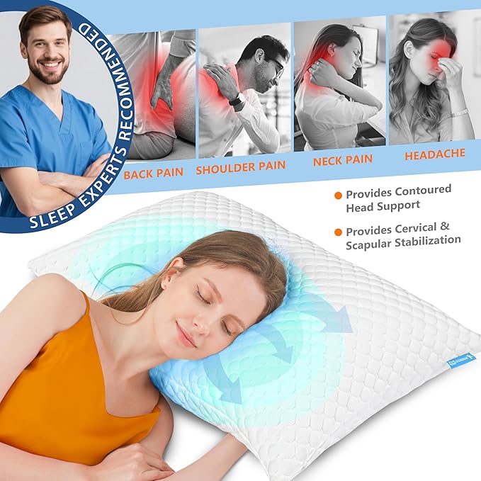Cooling Memory Foam Pillows Firm and Soft, Queen Size 1 Pack, Original Adjustable Pillows for Side, Back or Stomach Sleepers with Removable Washable Cover