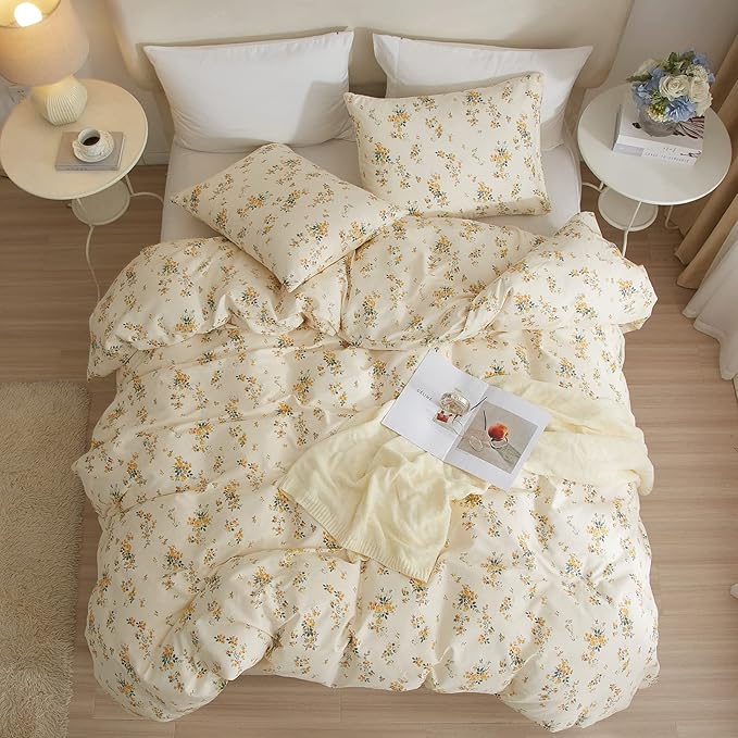 mixinni Yellow Floral Comforter Twin XL Boho Flower Leaves Pattern Printed Bedding Sets Cute Floral Soft Fluffy Comforter with 2 Pillowcases, Botanical Bed Set for All Season-Twin XL Size