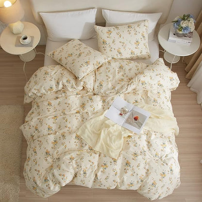mixinni Garden Style Floral Comforter Set for Queen Size Bed Boho Yellow Floral Bedding Sets Fluffy Flowers Leaves Bed Sets for All Season 1 Comforter with 2 Pillow Shams for Women