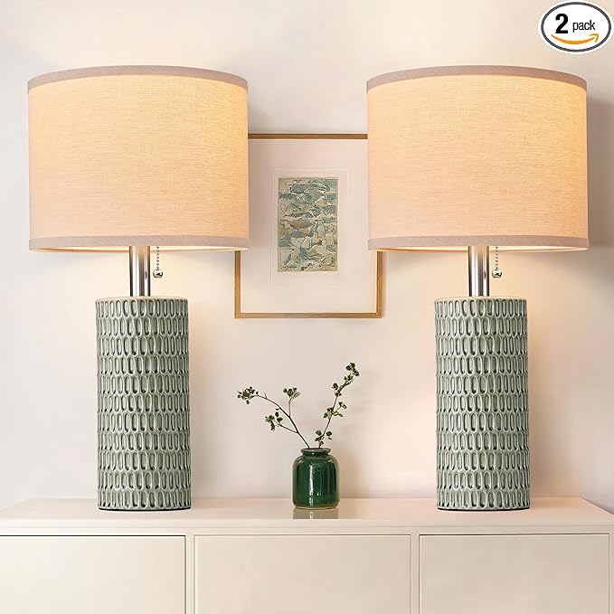 20.5" Modern Ceramic Table Lamps for Bedroom Set of 2, Bedside Lamps for Night Stands with Beige Lampshade, Farmhouse Table Lamp for Living Room Office Dorm, Light Green