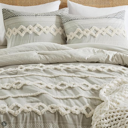 Hyde Lane Boho Gray Comforter Set King, Farmhouse Bedding Sets, Cotton Top with Modern Neutral Style Clipped Jacquard Stripes, 3-Pieces Including Matching Pillow Shams (104x90 Inches)