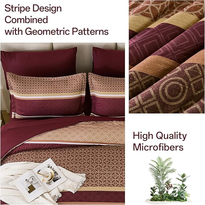 WONGS BEDDING Burgundy Comforter Set Queen Size, 7 Pieces Maroon Striped Bed in a Bag Comforter and Sheet Set,Patchwork Soft Lightweight Micorfiber Bedding Set for All Seaon (90"×90")