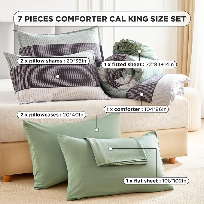 Andency California King Comforter Set Sage Green - 7 Pieces Green Striped Bed in a Bag, Soft Microfiber All Season Patchwork Bedding Set with Comforter, Fitted & Flat Sheet, Pillowcases & Shams