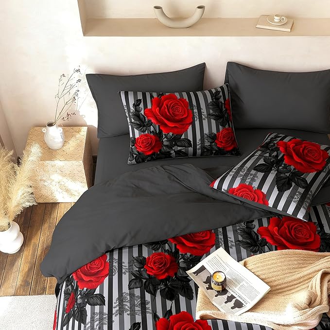 Black Floral Comforter Set Twin Size - Red Rose Pattern Soft Fluffy Black Grey Stripe Bedding Set for Girls Bedroom Decor - 2Piece Microfiber with 1 Pillowcases