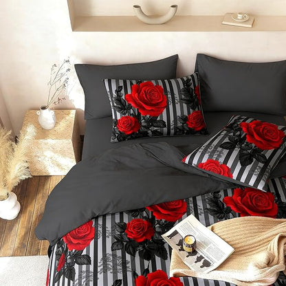 Black Floral Comforter Set Twin Size - Red Rose Pattern Soft Fluffy Black Grey Stripe Bedding Set for Girls Bedroom Decor - 2Piece Microfiber with 1 Pillowcases