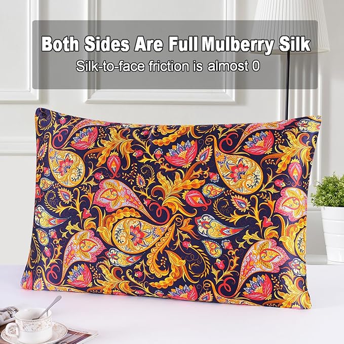MAXFEEL 100% Pure Mulberry Silk Pillowcase with Zipper for Skin&Hair Care Both Sides Soft Breathable (Pattern01, King)