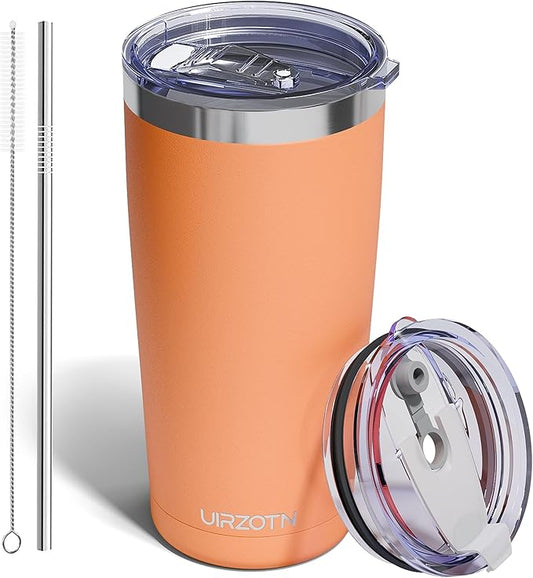 Travel Coffee Tumbler 20oz, Leakproof Travel Coffee Mug with Dual Lids and Straw, Stainless Steel Double Wall Vacuum Insulated Tumbler for Hot/Iced Drinks (Orange, Textured Matte)