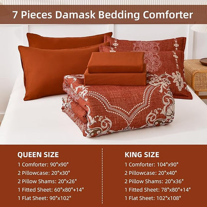 Mybedsoul 7 Pieces Terracotta Comforter Set Queen Size, Damask Bed in a Bag for Queen Bed, Lightweight Microfiber Boho Bedding Sets with Comforter, Sheet, Pillowcases & Shams for All Season (90"x90")