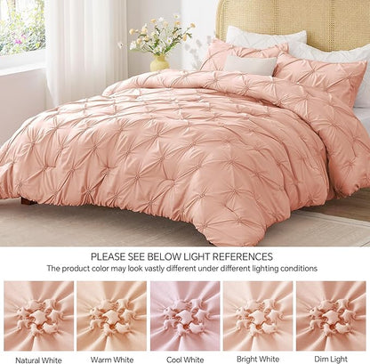 BEDELITE Dusty Pink Queen Comforter Set - 3 Pieces Boho Pintuck Bedding Comforter Sets, Lightweight Soft & Warm Bed Comforter Queen with 2 Pillowcases for All Season