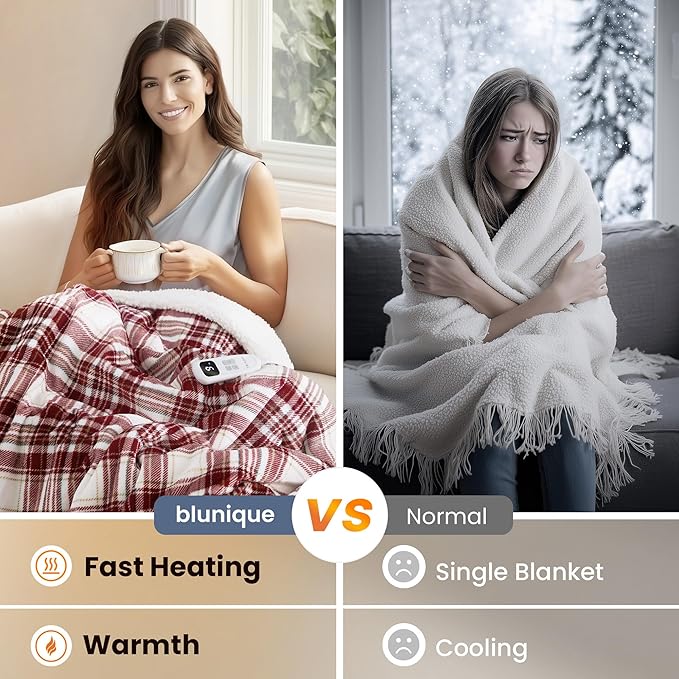 Heated Blanket Electric Throw 50''x60''Ultra Soft Plaid Flannel Fast Heating Electric Blanket with 10 Heat Levels & 10 Hrs Auto Off, ETL Certified, Keep Warm in Couch Bed Office (Red)