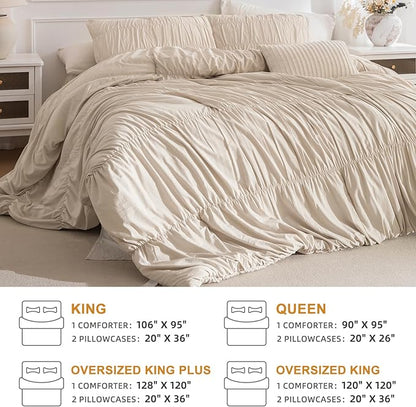 Masaca Oversized Comforter King Size(120"x120"),Lightweight Ruched Ruffle Bedding Comforter Set,3 Pieces Wheat California King Microfiber Shabby Boho Chic Bedding Set for All Season