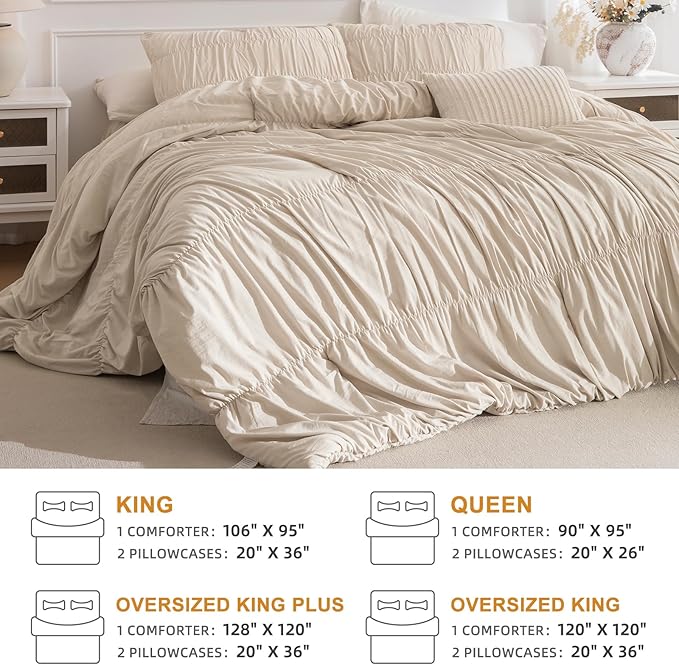 Masaca Queen Comforter Set(90"x95"),3 Pieces Ruched Ruffle Comforter Set Lightweight Shabby Boho Chic Farmhouse Queen Bedding Ultra Soft（1 Wheat Comforter and 2 Pillowcases）