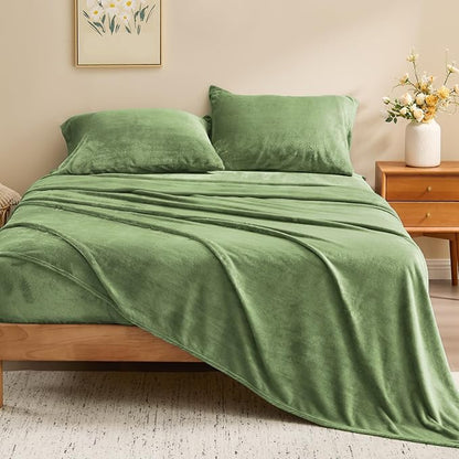 BEDELITE Flannel Sheets Full Size Green - Super Soft Fleece Sheets Set Fluffy Extra Plush, 4 Piece(Include Fitted Sheet, Flat Sheet, 2 Pillowcases)
