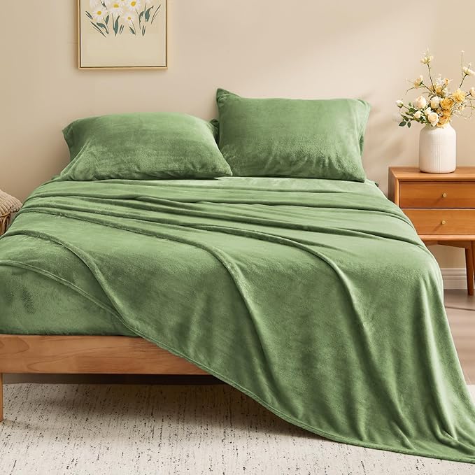 BEDELITE Flannel Sheets Queen Size Sage Green - Super Soft Fleece Sheets Set Fluffy Extra Plush, 4 Piece(Include Fitted Sheet, Flat Sheet, 2 Pillowcases)