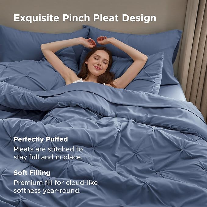 Bedsure California King Comforter Set - Bed in a Bag Cal King Bedding Set 7 PCS, GentleSoft™ Pintuck Bed Set Gift for Family, Pinch Pleat Slate Blue Comforter with Sheets, Pillowcases & Shams