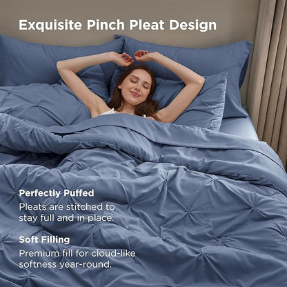 Bedsure Full Comforter Set Slate Blue - Bed in a Bag Full Size Bedding Set 7 Pieces, GentleSoft™ Pintuck Bed Set Gift for Family, Pinch Pleat All Season Comforter with Sheets, Pillowcases & Shams