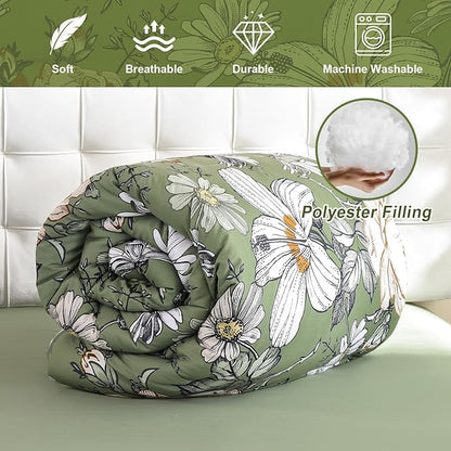 Luxudecor Queen Comforter Set 7 Pieces Bedding Sets,Olive Green Floral Comforter and Sheet Set,Soft Microfiber Bed in a Bag for All Seasons (Olive Green,90"x90")