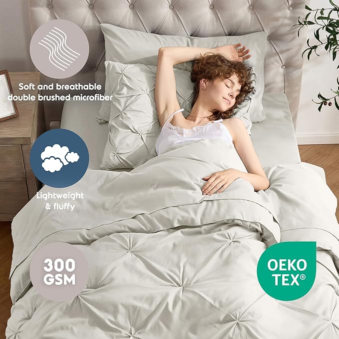Nestl Twin XL Comforter Set 5 Piece, Pintuck Twin XL Bedding Set Off White, College Dorm Room Essentials Bed in a Bag, Twin XL Comforter Set for College Girls and Boys with Sheets, Pillowcase and Sham