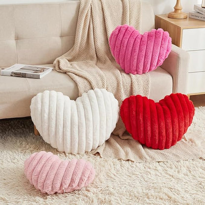 4 Pcs Heart Shaped Throw Pillows Set, 17/15/13 Inch Large Faux Fur Striped Cushions Pink Red White Heart Pillows for Couch, Bedroom, Living Room Wedding Decor