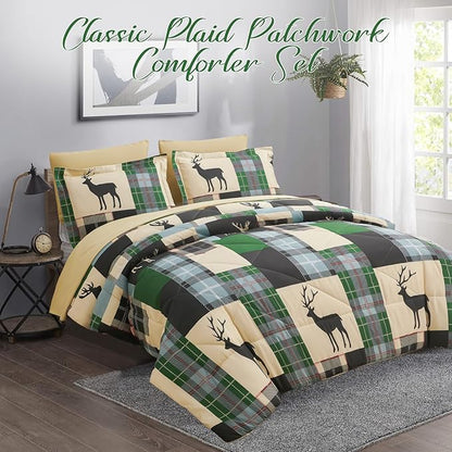 Comforter Set King Size Plaid Patchwork Comforter Bedding-7 Piece Bed in a Bag,Rustic Soft Reversible Microfiber Bedding Set(1 Comforter,1 Flat Sheet,1 Fitted Sheet,2 Pillowcases,2 Pillow Shams)Green