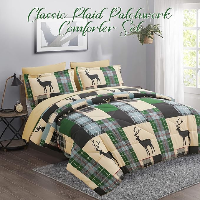 Comforter Set Queen Size Plaid Patchwork Comforter Bedding-7 Piece Bed in a Bag,Rustic Soft Reversible Microfiber Bedding Set(1 Comforter,1 Flat Sheet,1 Fitted Sheet,2 Pillowcases,2 Pillow Shams)Green