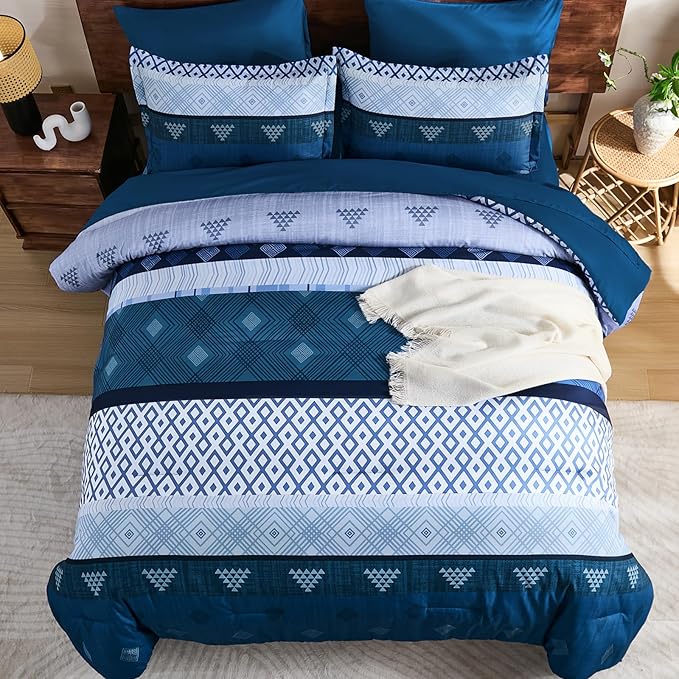 Xruibed Blue Queen Comforter Set 7 Pieces, Blue Boho Striped Bed in a Bag Queen Size Soft Microfiber All Season Bedding Set with Comforter, Sheets, Pillowcases & Shams(90"×90")